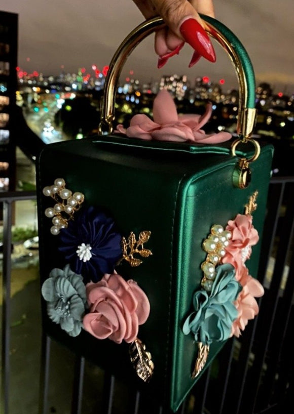 Green Floral Cube Clutch Bag